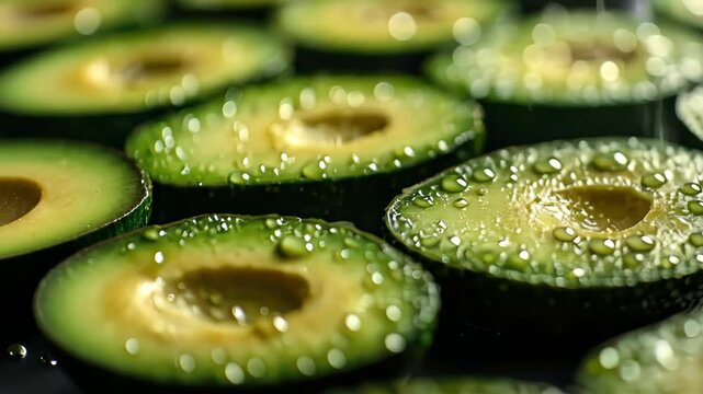 close-up of avocado halves covered in water droplets on dark surface, healthy food concept