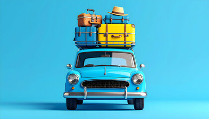 Nostalgic road trip adventure with vintage car and colorful luggage ready for travel