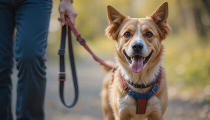 Volunteer walking a happy dog on a leash in a sunny park environment, promoting pet adoption awareness