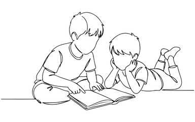 Two children are intently looking at a book together, line art style. Vector Illustration