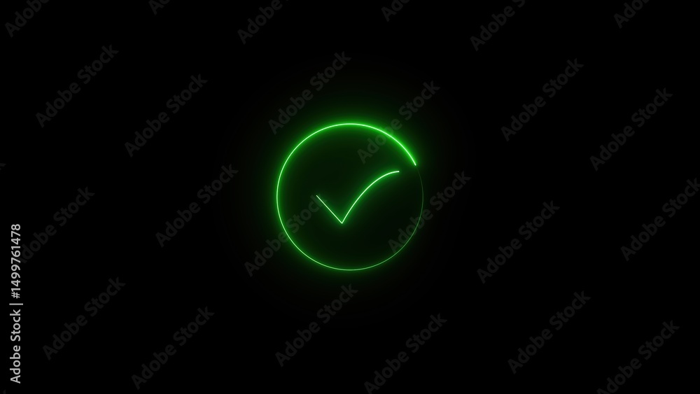 Poster glowing green check mark symbol within a circle illuminated on a dark black surface representing app