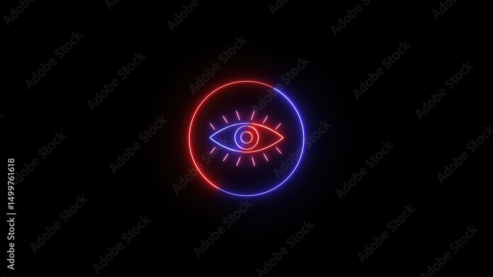 Poster modern neon eye symbol design in a circular shape representing vision intuition and awareness agains