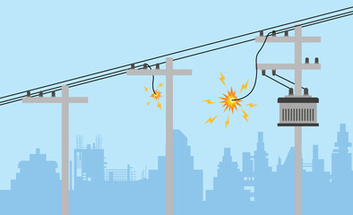 Damaged Utility Pole Sparks Dangerous Short Circuit, Electrical Sparks on Power Lines, Vector Illustration