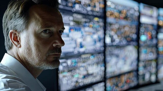 Mature Caucasian man monitors multiple screens displaying data in a control center, intense mood