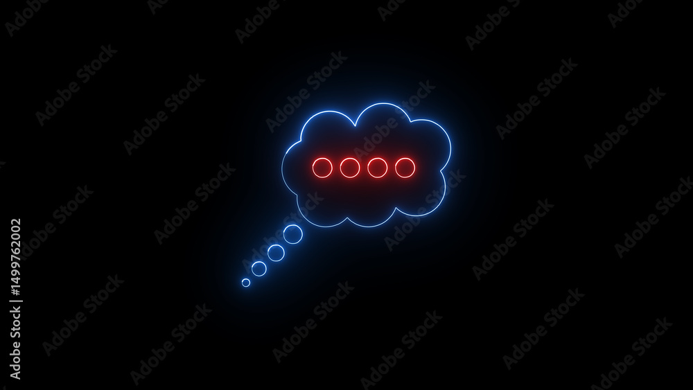 Poster illuminated blue thought bubble design with red circles inside on a black space representing ideas c