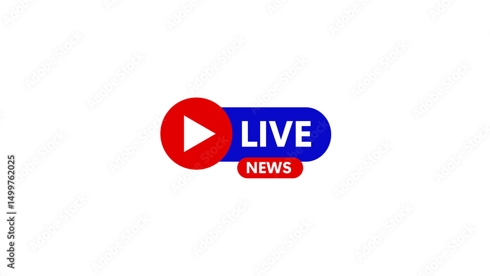 Poster live news broadcast icon featuring a red play button alongside the text live and news elements on a 