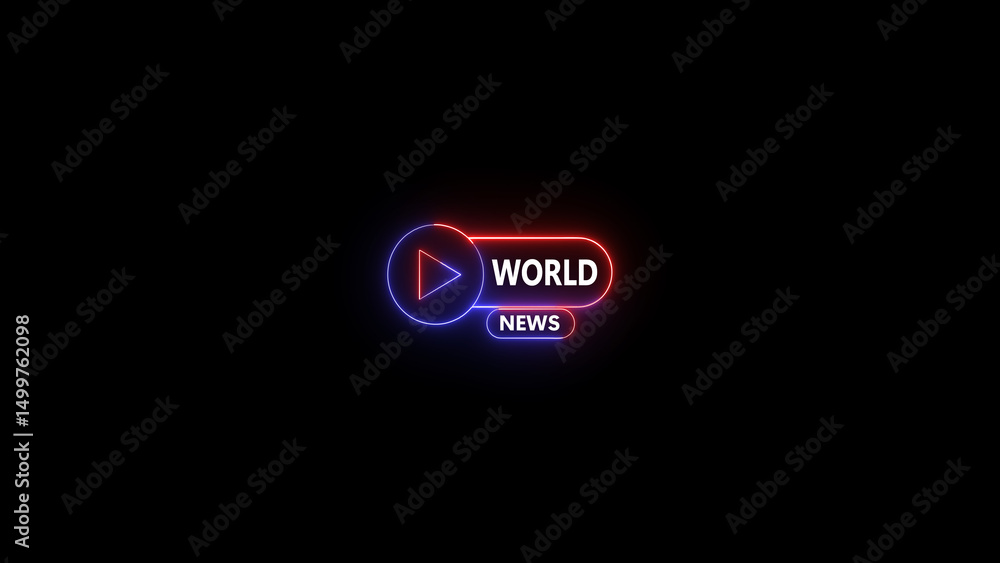 Poster illuminated neon play button and world news text on a black background representing global informati
