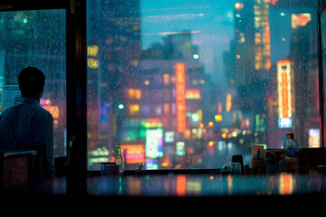 Person gazes out rain soaked window at dusk, observing vibrant reflections of neon lights from bustling cityscape. scene captures sense of solitude and contemplation