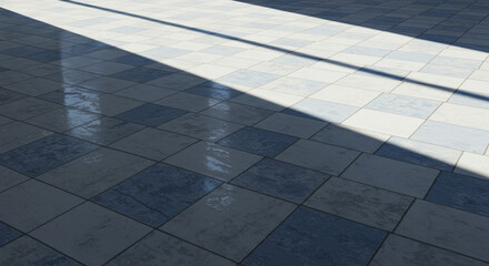 Tiled floor with sunlight and shadows.
