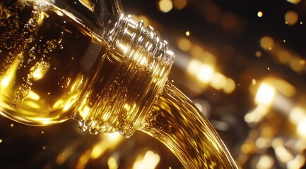 Golden liquid pours from a bottle
