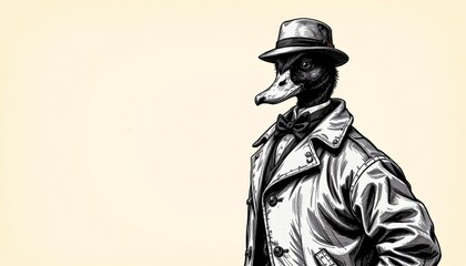 Obraz premium create a black and white illustration of a stylish duck wearing an old fashioned coat, the subject should be positioned on the right side of the image with ample copy space on the left side