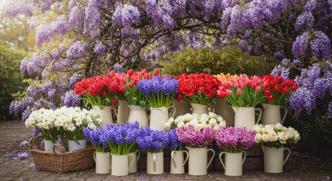 Romantic Spring Flower Stall under Wisteria