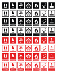 Red Packaging Box Symbols Set, Includes Fragile, Flammable, This Way Up, Keep Dry & Handle with Care Icons