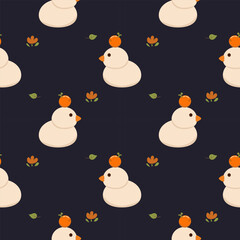 Duck and orange cartoon so cute. On flower leaf background. Pattern seamless vector illustration. 