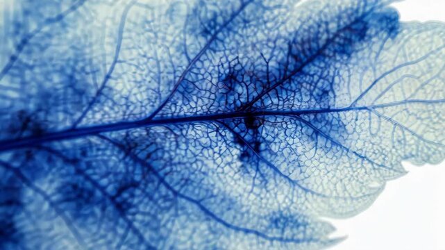 closeup of delicate blue leaf with intricate vein detail on white background, botanical abstract