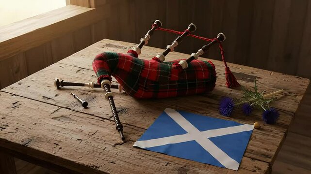 Wind Instrument And National Banner On Wooden Surface, Tartan Day