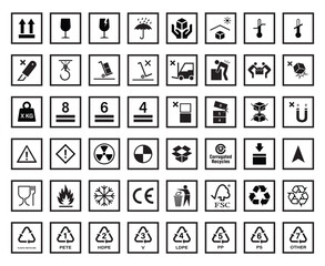 Packaging Box Symbols Set, Flat Warning Signs for Carton Boxes