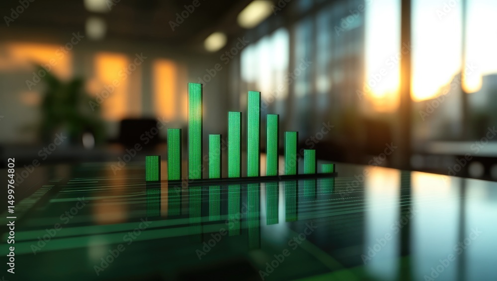 Poster green bar graph on a reflective surface in an office setting
