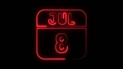 Glowing neon 8 july icon isolated on black background.a neon sign with a calendar that says "8 DAYS". HD Video motion graphic animation