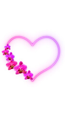 pink heart frame neon lights and orchid flowers on transparent background,png valentines day love and beauty cosmetics overlay social media vertical design element