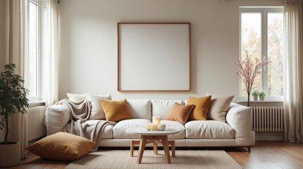 Modern living room of Scandinavian hygge living room with cozy textures, soft lighting, and a framed mockup with a minimalist design.