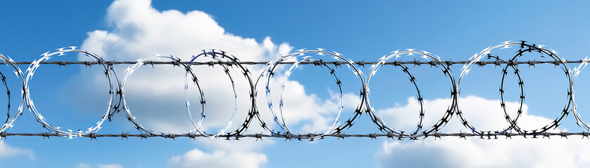 Barbed wire against a blue sky, symbolizing division and restriction.