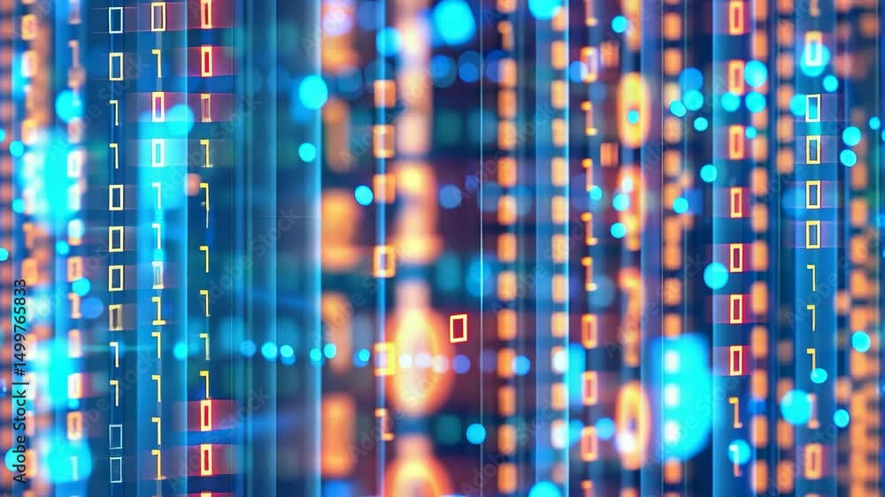 Poster bright binary codes and glowing data streams intertwine to showcase a vibrant, digital landscape fil