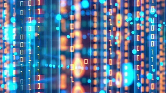 Bright binary codes and glowing data streams intertwine to showcase a vibrant, digital landscape filled with technology