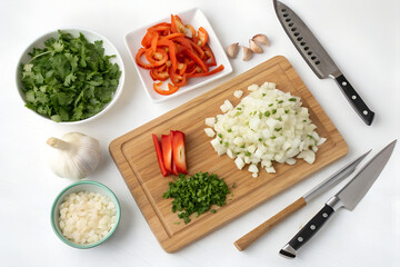 Chopped vegetables and herbs on wooden cutting board
