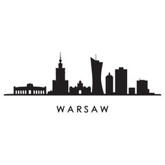 Naklejka premium Warsaw skyline horizontal banner. Black Warsaw, Poland. Vector template for your design. Vector black silhouette. with white background