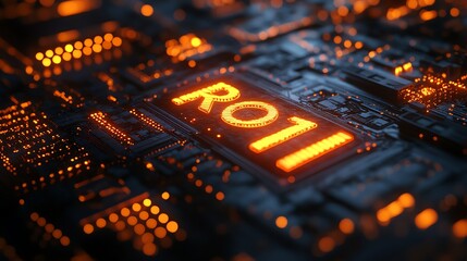 Circuit board with glowing elements and the text ROI highlighted.