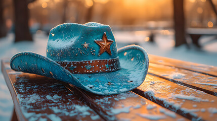 Winter's embrace: A cowboy hat adorned with snow captures the season's solitude