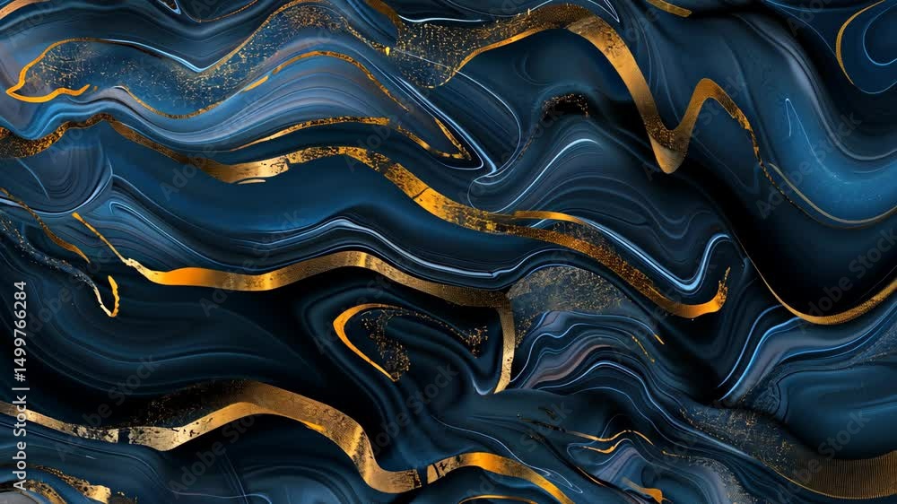 Poster deep blue and gold colors intermingle in a captivating abstract design showcasing flowing patterns a