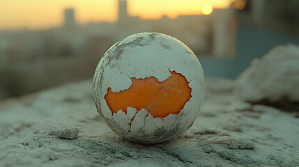 Cracked Orb on Textured Surface with Blurred Cityscape at Sunset Backdrop