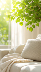 Bright and cozy living room with soft pillows and fresh green plant.