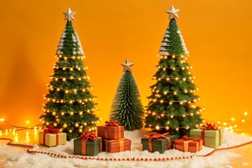 Fototapeta premium Christmas trees with gifts and lights on orange background