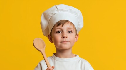 Young chef wearing a hat and holding a spoon in a bright studio setting.