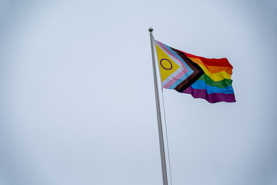 Pride Flag Displayed Proudly Against Pale Sky on Bright Day