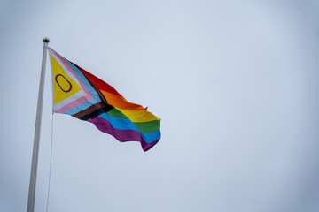 Pride Flag Displayed Proudly Against Pale Sky on Bright Day