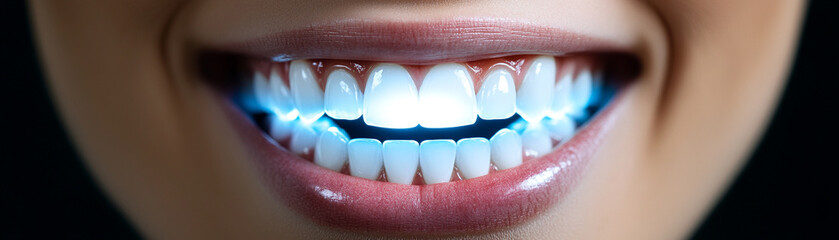 Bright smile with glowing white teeth, showcasing dental care and aesthetic appeal.
