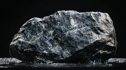 Macro rock texture with water splash, black background, minimalist premium nature design, dark clean composition, flowing water focus