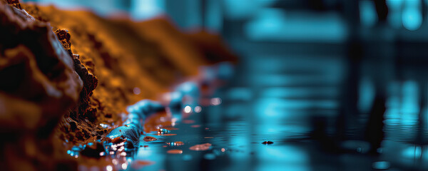 Moist soil with water droplets reflecting blue light in close up nature scene