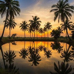 Obraz premium Silhouette of palm trees at sunset reflection in water