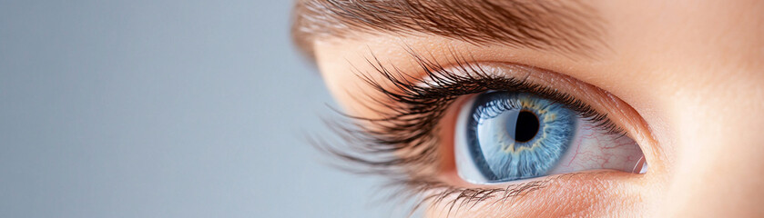 Close-up of a beautiful blue eye with detailed eyelashes and vibrant iris patterns.