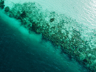 Stunning aerial view capturing a coral reef creating a vibrant boundary between deep blue and turquoise waters, highlighting marine diversity