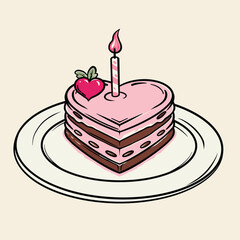 Heart-Shaped Birthday Cake with Candle Illustration