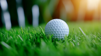 Close-up of a golf ball on lush green grass at sunset, perfect for sports themes.