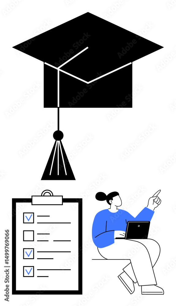 Poster graduation cap above clipboard checklist and seated person pointing while using laptop. ideal for ed