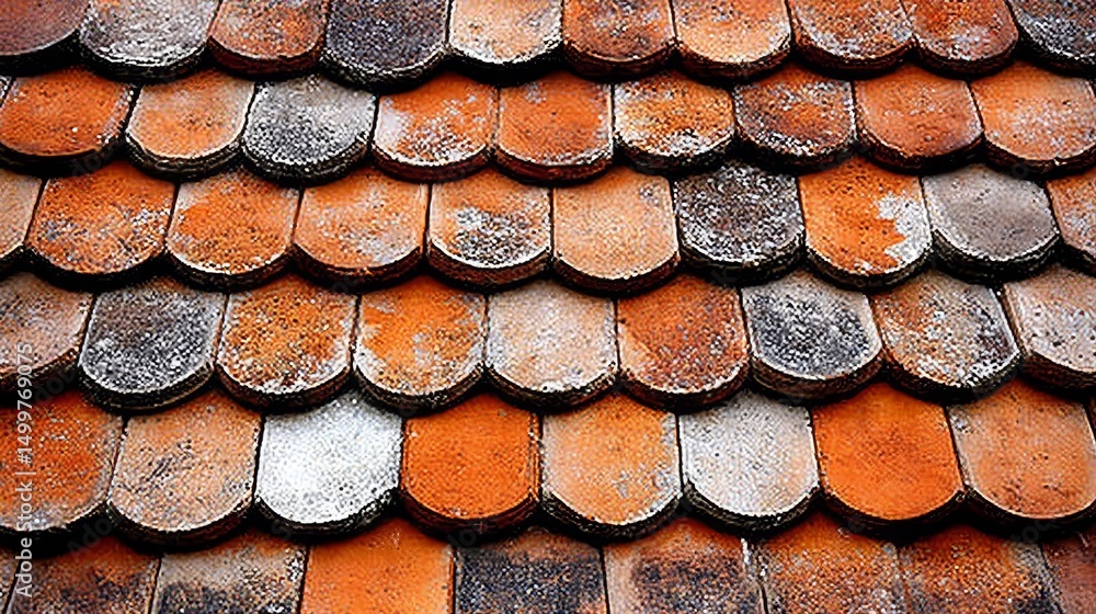 Poster aged clay roof tiles texture - close-up view of aged clay roof tiles, showing texture and color vari