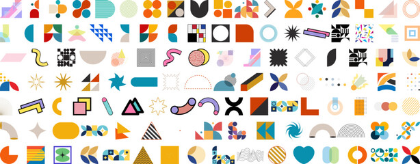 Fototapeta premium Geometric Shapes Composition: A vibrant and meticulously arranged array of diverse geometric forms, displaying a visually captivating and creatively curated palette of shapes, colors, and design